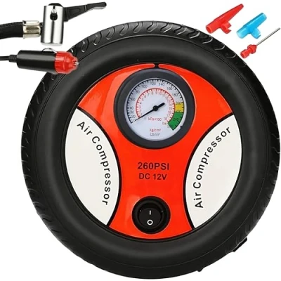 Image de Retoo Compresseur d&#039;air 12 V pour Voiture Portable 260 PSI Pompe à air électrique de Pneu 60 W vélo Moto Caravane Coussin 17x17x7cm