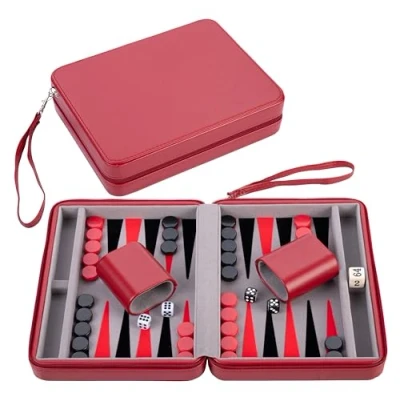 Image de Engelhart 250500 Pochette de Jeu Backgammon Voyage 9&quot; Rouge avec Fermeture éclair Interieur feutré: Gris/Noir/Rouge Accessoires Inclus
