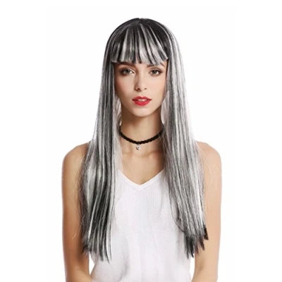 Image de WIG ME UP 90770 ZA68C+ZA103 Perruque Dame Halloween Carnaval Gris Argent Noir Blanc mechée Cheveux Lisses très Longs Frange Disco Alien fée sorcière