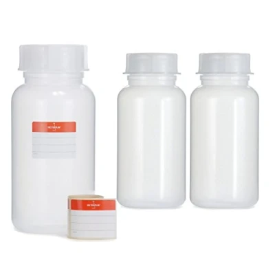 Image de Octopus Lot de 3 bouteilles à col large 1000 ml en polyéthylène basse densité avec bouchon vis, vides 1 litre, laboratoire comme récipient rangement