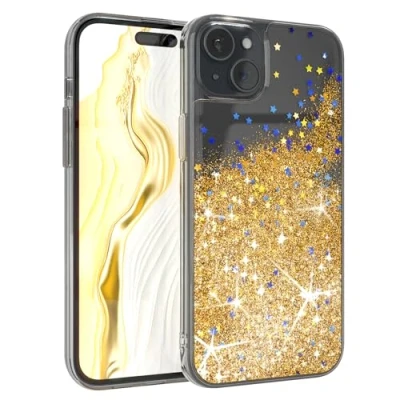 Image de EAZY CASE coque de protection à paillettes Compatible avec iPhone 15 Plus, en silicone léger brillant, résistant aux chocs, comme contre les chutes, transparent/doré