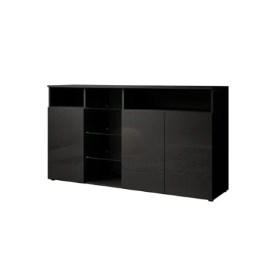 Image de MB Muebles Bonitos Buffet Bahut Salon Largeur 150 x Hauteur 82 Prof 40 cm Moderne Design Colore Noir avec Finition Brillante 3 Portes LED Meuble TV Salle à Manger Modèle Clark L