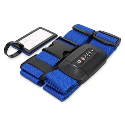 Image de Navaris Sangle de Valise en Croix Ceinture Sécurité Bagage Réglable pour Voyage Avion Train Verrou TSA Code Serrure à Combinaison
