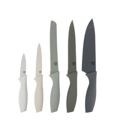Image de MasterChef Set Couteau Cuisine, Couteaux compris le Hachoir, Office, Chef, Legume &amp; Eplucheur, Noir Inox avec Poignées Confortables, Collection Antirouille, Gris, 5 Pièces