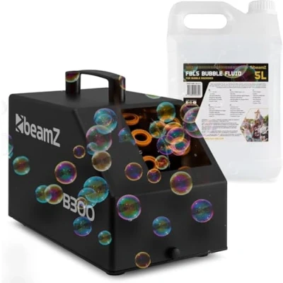 Image de BeamZ B300 Pack Machine à Bulles Enfant/Mariage/Anniversaire avec 5L de Liquide Double Roue, Facile Transporter, Télécommande, Réservoir 700mL, Idéale pour les Fêtes en Extérieur