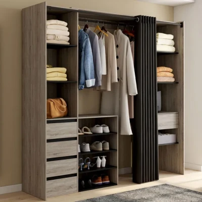 Image de Dressing extensible double XXL MERYL 120/180 cm hêtre avec tiroirs + étagères penderie rideau noir IDMarket