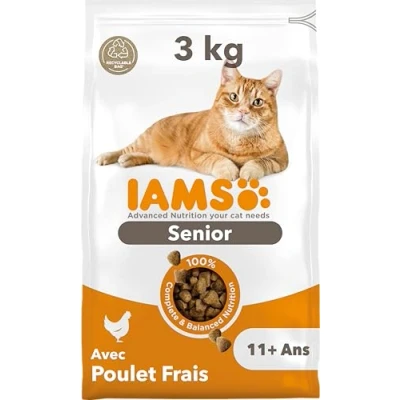 Image de IAMS Advanced Nutrition Croquettes pour Chat à partir de 11 Ans 100% Complètes et équilibrées Au Poulet sans OGM Colorants Arômes Artificiels Sac refermable 3 kg