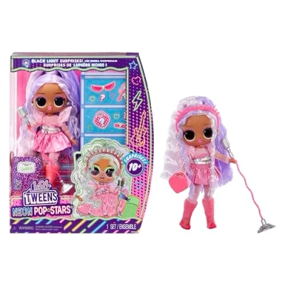 Image de L.O.L. Surprise! Tweens Neon Pop Stars Kitty K 1 Poupée Mannequin, avec Surprises Lumière Noire et + de 10 Tenues Accessoires Dont Un Support Micro Rétro, Cadeau pour Enfants 4 Ans