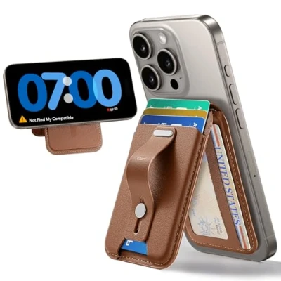 Image de ESR Porte Carte MagSafe, Magsafe Wallet 5 Cartes, Support Réglable, Boucle à Doigt Sécurisée, pour iPhone 15/14/13/12, Non 13/12 Mini, Compatible avec Localiser, Marron