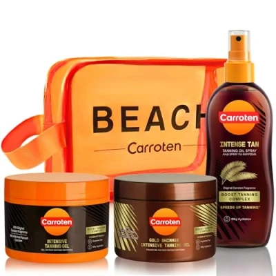 Image de Carroten Set de 3 Accélérateurs Bronzage Kit Bronzant avec Gold Tanning Gel 150 ml, Intensive ml et Oil y compris Sac Toilette