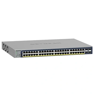 Image de NETGEAR Smart switch 52 ports Ethernet Gigabit PoE (GS752TP V3) manageable, administration dans le cloud Insight, 48 PoE+ à 380 W, 4 SFP 1 Gbit, montage bureau ou rack, protection vie PRO SAFE