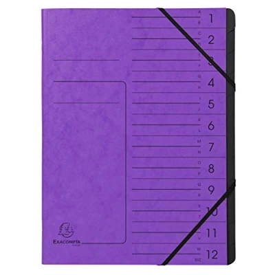 Image de Exacompta Réf. 541208E 1 trieur dos agrafé avec élastiques couverture imprimée en carte lustrée et intérieur recyclée noire 12 compartiments dim 24,5x 32 cm A4 couleur violet