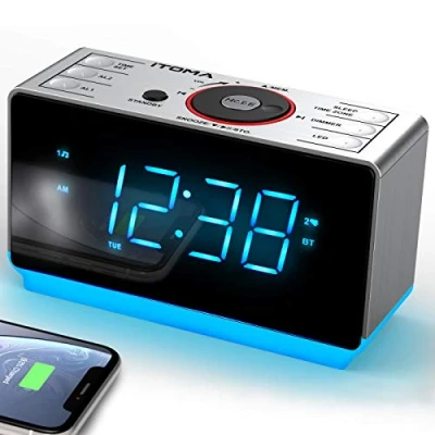 Image de Radio réveil avec Haut Parleurs Bluetooth, FM, Double Alarme Snooze, Grand écran LED, Contrôle de Gradation, Sortie Charge USB et Veilleuse iTOMA CKS708