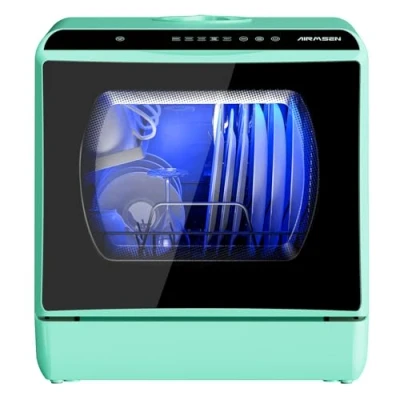 Image de AIRMSEN Mini Lave Vaisselle de Comptoir, 5+1 Programmes, Réservoir d&#039;Eau 5L, Contrôle Tactile et Écran LED, Adapté pour les Cuisines Familiales, Appartements Dortoirs, Vert