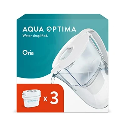 Image de Aqua Optima Oria Carafe Filtrante et 3 Cartouches Filtrantes Evolve+ 30 Jours, Capacité 2,8 litres, Pour la Réduction des Microplastiques, du Chlore, Calcaire Impuretés, Blanc
