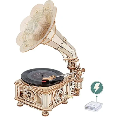 Image de ROKR Puzzle 3D Maquette en Bois a Construire pour Adulte Enfants Gramophone Classique Kits de Modèles Bricolage Construction Jouet, Modes Automatique et Manuel LKB01D