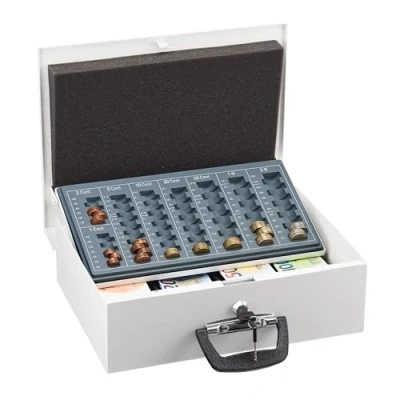 Image de Relaxdays Caisse à Monnaie, verrouillable, monnayeur, 4 Compartiments pour Billets, Fer, HLP : 11,5x36x28,5 cm, Blanche