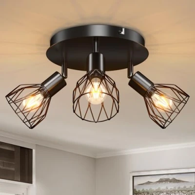 Image de Kimjo Plafonnier 3 Spots Orientables, Spot de Plafond Noir avec Pivotants et Orientables Douille E14, Rampe un Design Rétro pour Chambre Séjour Couloir Café, Sans Ampoule, Max. 40W