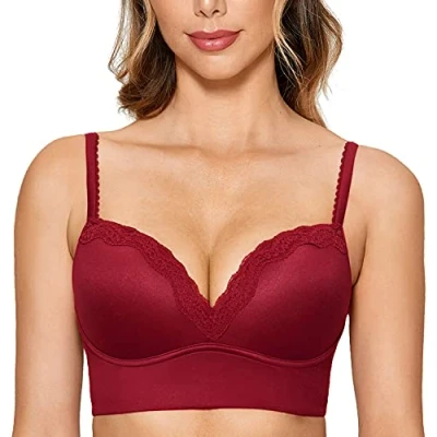 Image de DOBREVA Femme Soutien Gorge sans Armatures Rembourré Push Up Triangle Bralette en Dentelle Cerise 85B