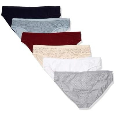 Image de Amazon Essentials Bas de bikini en coton (grandes tailles disponibles) Femme, Lot 6, Multicolore/Fleuri/Points/Rayures, XL Grande taille