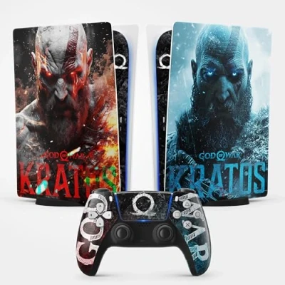 Image de Sticker pour la PS5 Kratos, Autocollant Skin Gaming, Console et Manette, Edition Standard Digital, Kratos (1 Manette)