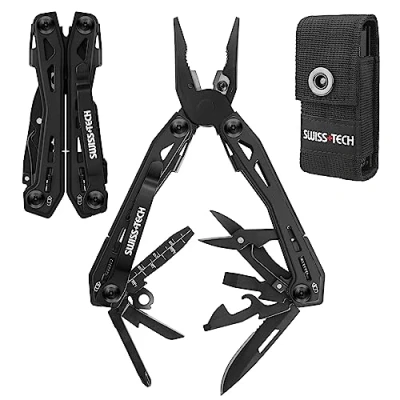Image de Swiss+Tech Pince Multifonction 16 en 1 avec Verrou de Sécurité, Couteau Acier Inoxydable Scie Tournevis Lime pour Survie Camping Randonnée (Noir)