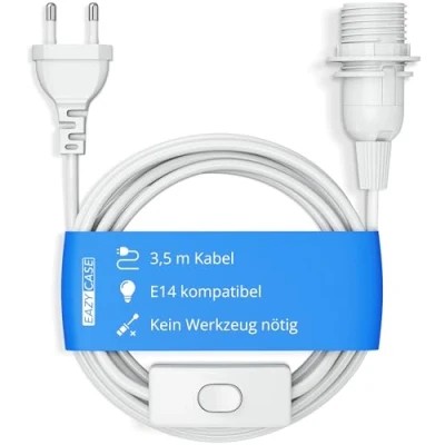 Image de EAZY CASE Douille de lampe E14 avec câble 3,5 m, interrupteur, anneau à vis pour abat jour et prise d&#039;alimentation Suspension idéale suspensions, lampes DIY, blanc