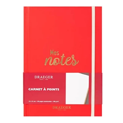 Image de DRAEGER PARIS Carnet de notes A5 rouge détails dorés à points 192 pages numérotées Papier certifié FSC® To do list, projets, rendez vous Idéal bureau, maison, école, travail, vacances