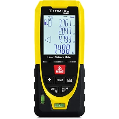 Image de TROTEC Télémètre Laser TD120 Mesures de Distance portée 120 m, Fonctions Pythagore, 99 Jeux données (Surfaces rectangulaires/calcul volumes, IP54)