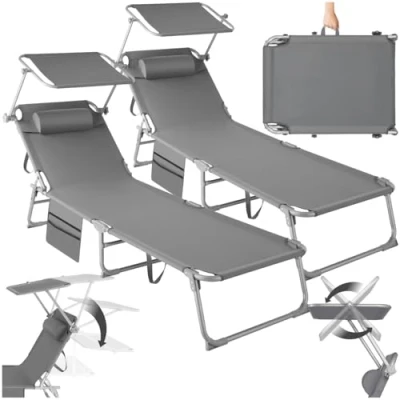 Image de tectake® Set de 2 Chaise longue Pliante Bain Soleil jardin exterieur avec Pare Soleil, Appuie tête, Pochette inclinable Transat plage Relax Camping Salon