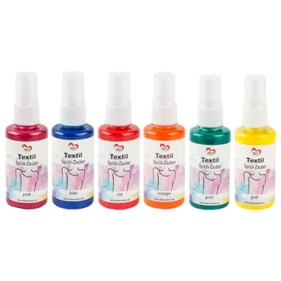 Image de ideen mit herz Peinture textile en spray permanent 6 x 50 ml couleurs haute brillance pour textiles clairs à base d&#039;eau (jaune, vert, orange, rouge, bleu, rose)