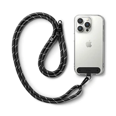 Image de Ringke Holder Link Strap Cordon Bandoulière Téléphone Portable avec Étiquette en Nylon Noir Accessoires Réglable Corde de Polyester Étui Black &amp; White