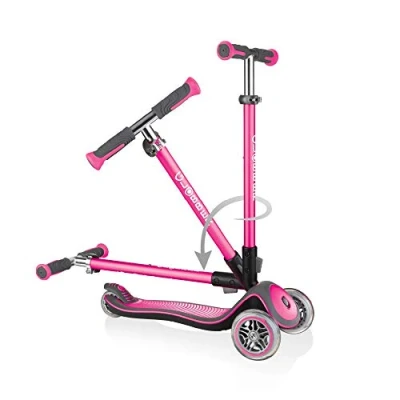 Image de Globber Elite Deluxe Lights Trottinette Pliable, Lumineuse à 3 Roues pour Les Enfants âgés de 6 Ans +, Rose Intense