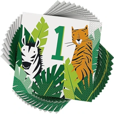 Image de Unique 1st Birthday Luncheon Napkins Pcs. Lot de 16 Serviettes Table pour 1er Anniversaire Motif Animaux Safari, 78352, Multicolore