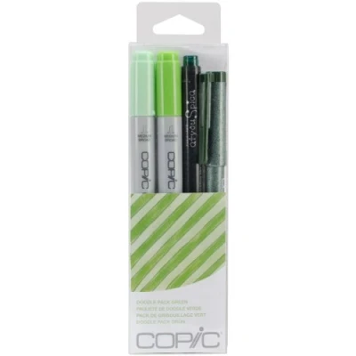 Image de Copic Ciao Set « Doodle Pack Green », de 4 pièces avec 2 marqueurs Twin une pointe moyenne et Brush, y compris Multiliner Glitter Pen