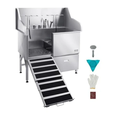 Image de VEVOR Baignoire de Chien Acier Inoxydable, Toilettage pour Animaux Compagnie 127,5 cm Station Lavage Chat, avec Rampe, Panneau Filtre à Eau, Robinet, Pommeau Douche, Porte Gauche