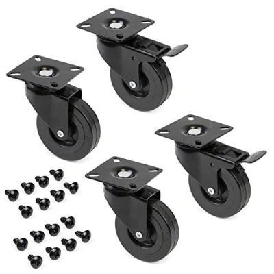 Image de Emuca Lot de 4 roulettes pivotantes pour meuble Ø75mm avec plaque fixation et roulement à billes, en caoutchouc couleur noir.