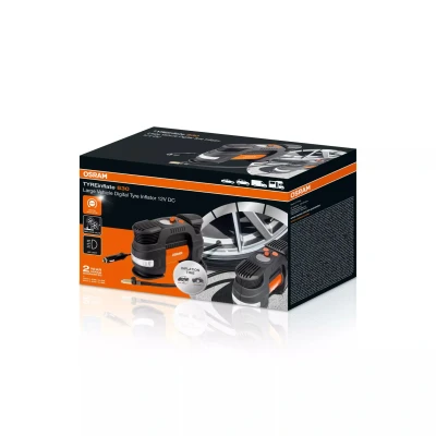Image de OSRAM TYREinflate 2130, écran numérique extra large, fonction d&#039;arrêt automatique programmable, câble d&#039;alimentation enroulable avec prise 12 V CC protégée par un fusible, gonflage des pneus en 2 min.