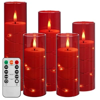 Image de Da by bougie LED avec guirlandes lumineuses, à piles télécommande et minuterie de 24 heures, sans flamme pour la décoration intérieure (Rouge, lot 5) [Classe énergétique A]
