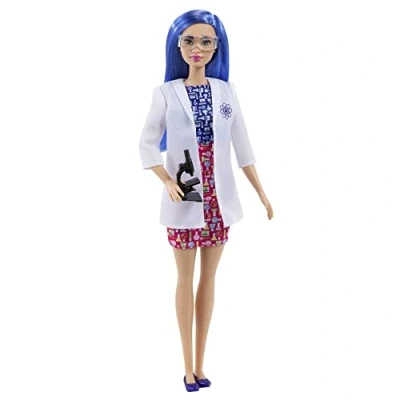 Image de Barbie Métiers poupée Scientifique aux Cheveux Bleus, avec Robe colorée, Blouse de Laboratoire, Chaussures, Accessoire Microscope, Jouet Enfant, HCN11
