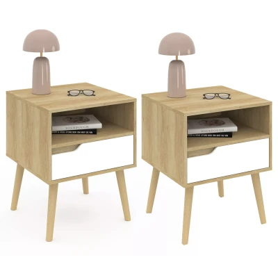 Image de IDMARKET Lot de 2 tables chevet HELSINKI 1 tiroir scandinave blanc et effet hêtre