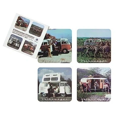 Image de BRISA VW Collection Dessous de Verre Volkswagen, en liège, revêtu MDF Lot 4 (VW T1 Bus/Scénario/Coloré)