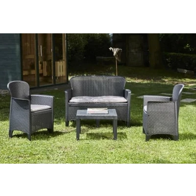 Image de Dmora d&#039;extérieur Ostuni, ensemble de jardin avec 2 fauteuils, 1 canapé et table basse, salon effet rotin coussins, 100% fabriqué en Italie, anthracite, Plastique, Medio