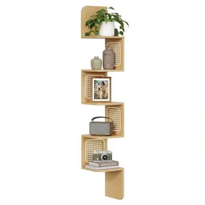 Image de VASAGLE Étagère d’Angle, Murale Flottante à 5 Niveaux, d’Angle en Zigzag, Côtés Rotin PVC, Gain de Place, pour Cuisine, Chambre, Salon, Style Boho, Couleur Chêne Beige LLS582Y57