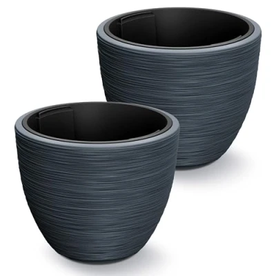 Image de Casaria® 2X Pot de Fleurs Anthracite Rond 40x32cm résistant aux intempéries jardinière Bac à Cache cannelé