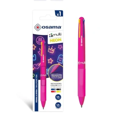Image de OSAMA 4 Multi Neon Stylo à bille multicolore 1,0 mm, stylos colorés couleurs personnalisées encre noir bleu rouge et jaune fluo (Mina 1,6 mm), papeterie école bureau université