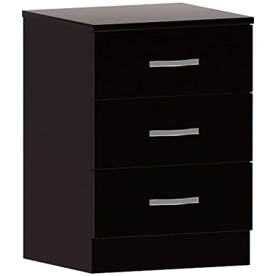 Image de Vida Designs Noir Commode, 3 tiroirs avec poignées en métal et Coureurs, Unique Anti Bowing tiroir Support, Riano Chambre à Coucher Meubles de Rangement