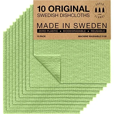 Image de SUPERSCANDI Chiffon de Nettoyage suédoid en Cellulose biodégradable réutilisable et Durable pour la Cuisine, Vaisselle, éponge Coton, Lot 10 Verts Pomme