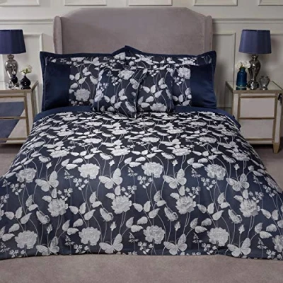 Image de Emma Barclay Just Contempo Parure de lit en Jacquard Motif Papillons et Prairie, Polyester, Bleu Marine, King