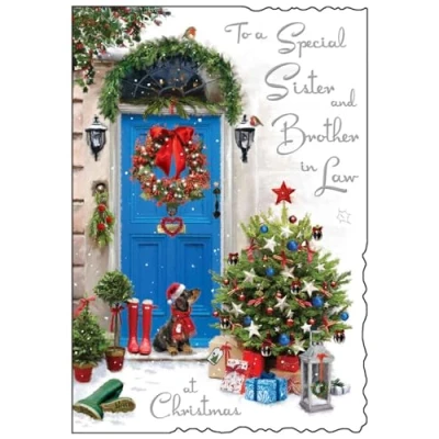 Image de Carte de Noël pour sœur et beau frère Porte d&#039;entrée festive teckel Motif artistique chien Finitions spéciales feuille illustrée Fabriquée au Royaume Uni